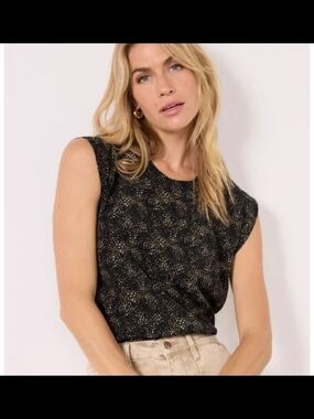 Evereve Mcclane Muscle Top Black/Gold Dotted Print, Sz L